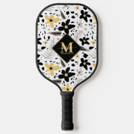 Abstract Zwart Geel Grijs Bloemen Monogramed Pickleball Paddle