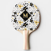 Abstract Zwart Geel Grijs Bloemen Monogramed Tafeltennisbatje (Achterkant)