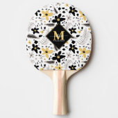 Abstract Zwart Geel Grijs Bloemen Monogramed Tafeltennisbatje (Voorkant)