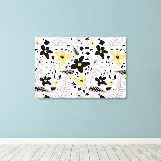 Abstract zwart geel grijs bloemmotief canvas afdruk (Insitu (Houten vloer))