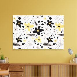 Abstract zwart geel grijs bloemmotief canvas afdruk