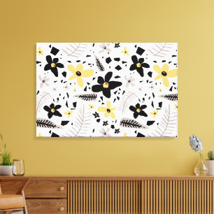Abstract zwart geel grijs bloemmotief canvas afdruk