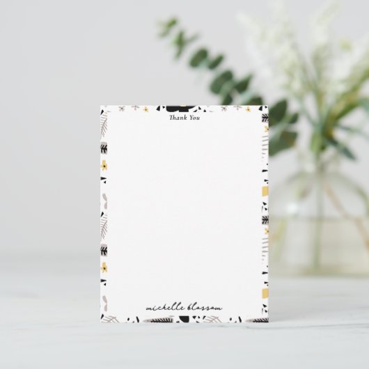 Abstract Zwart Geel Grijs Naadloos Bloempatroon Bedankkaart (Staand voorkant)