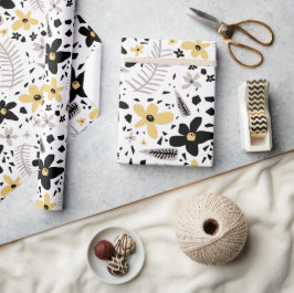 Abstract Zwart Geel Grijs Naadloos Bloempatroon Cadeaupapier