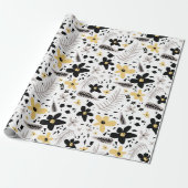 Abstract Zwart Geel Grijs Naadloos Bloempatroon Cadeaupapier (Uitgerold)