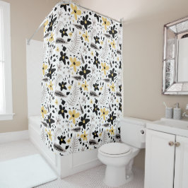 Abstract Zwart Geel Grijs Naadloos Bloempatroon Douchegordijn