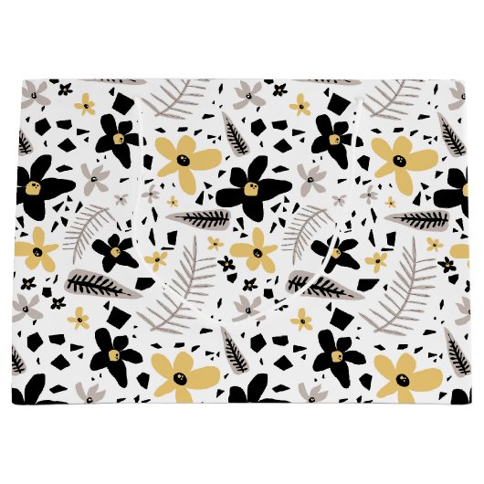 Abstract Zwart Geel Grijs Naadloos Bloempatroon Groot Cadeauzakje (Voorkant)