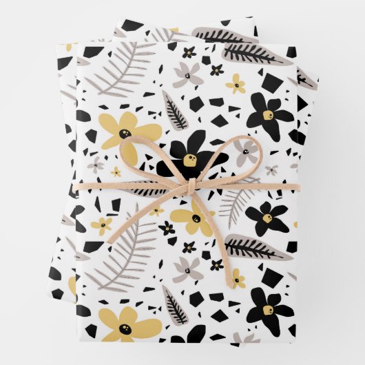Abstract Zwart Geel Grijs Naadloos Bloempatroon Inpakpapier Vel (In situ)