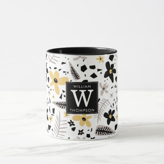 Abstract Zwart Geel Grijs Naadloos Bloempatroon Mok (Midden)