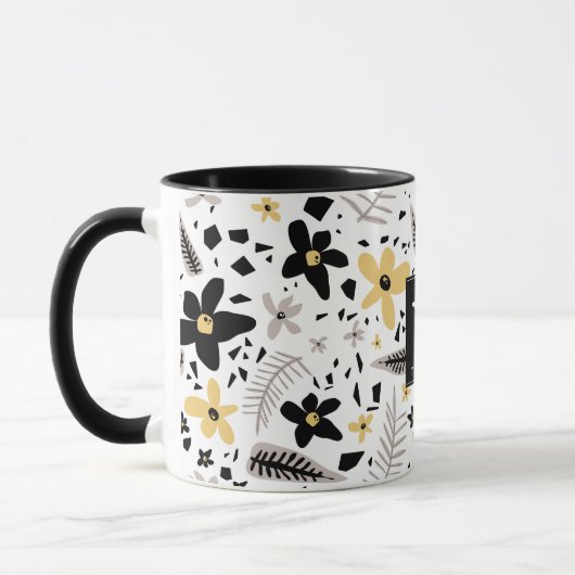 Abstract Zwart Geel Grijs Naadloos Bloempatroon Mok (Links)