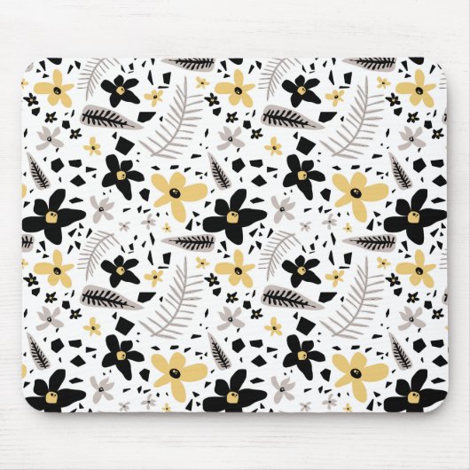 Abstract Zwart Geel Grijs Naadloos Bloempatroon Muismat (Voorkant)