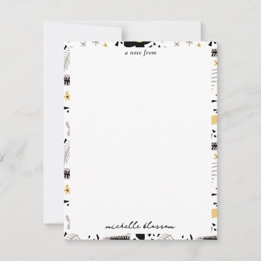 Abstract Zwart Geel Grijs Naadloos Bloempatroon Notitiekaartje (Voorkant)