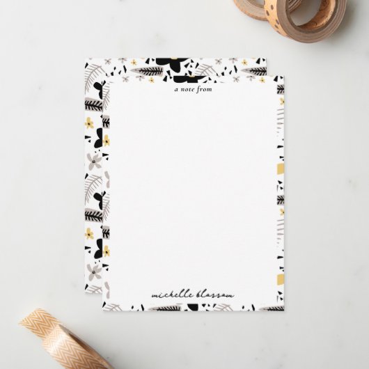 Abstract Zwart Geel Grijs Naadloos Bloempatroon Notitiekaartje (Voorkant / Achterkant in situ)