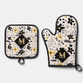 Abstract Zwart Geel Grijs Naadloos Bloempatroon Ovenwant & Pannenlap Set (Voorkant)