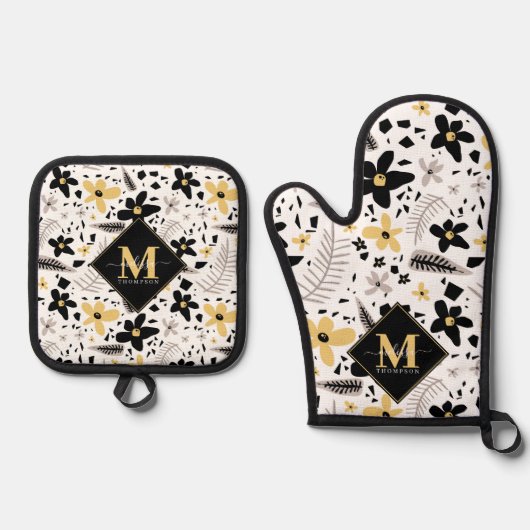 Abstract Zwart Geel Grijs Naadloos Bloempatroon Ovenwant & Pannenlap Set (Voorkant)