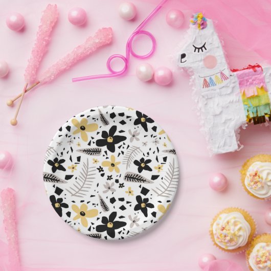 Abstract Zwart Geel Grijs Naadloos Bloempatroon Papieren Bordje (Feest)