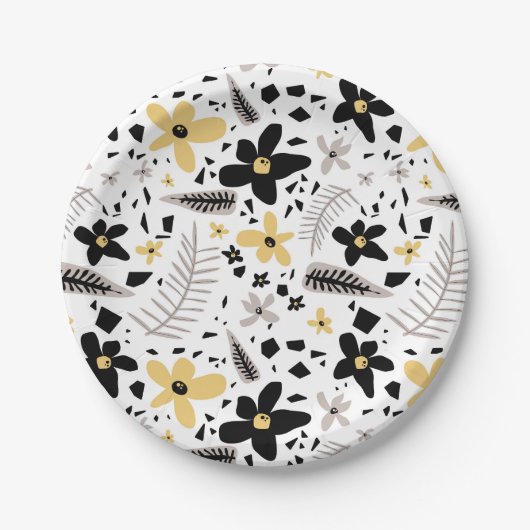 Abstract Zwart Geel Grijs Naadloos Bloempatroon Papieren Bordje (Voorkant)