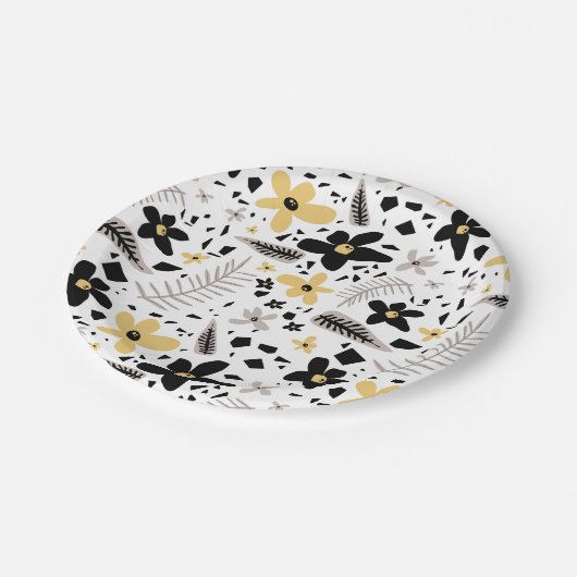 Abstract Zwart Geel Grijs Naadloos Bloempatroon Papieren Bordje (Gekanteld)