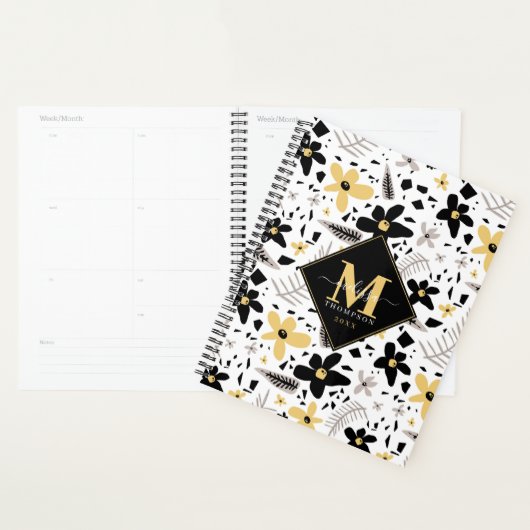 Abstract Zwart Geel Grijs Naadloos Bloempatroon Planner (Display)