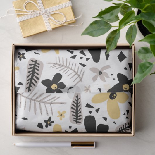 Abstract Zwart Geel Grijs Naadloos Bloempatroon Tissuepapier (Geschenk)