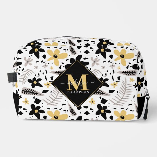 Abstract Zwart Geel Grijs Naadloos Bloempatroon Toilettasje (Voorkant)