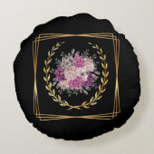 Abstract Zwart Goud Paars Bloemmotief Boho Minimal Rond Kussen (Achterkant)