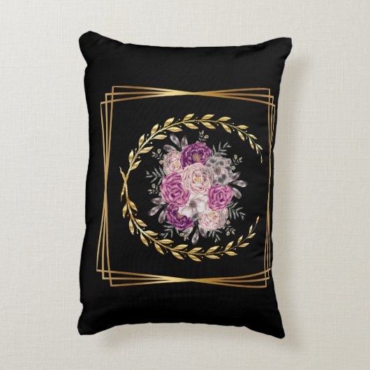 Abstract Zwart Goud Paarse Bloemen Laurel krans Accent Kussen (Achterkant (Verticaal))