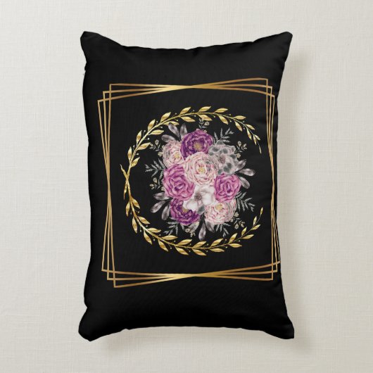 Abstract Zwart Goud Paarse Bloemen Laurel krans Accent Kussen (Voorkant(Verticaal))