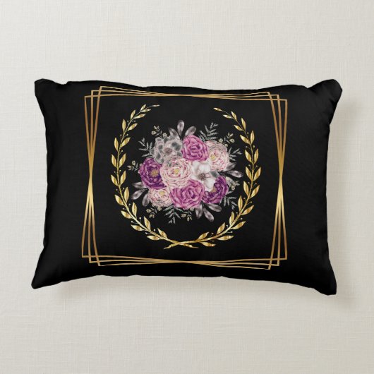 Abstract Zwart Goud Paarse Bloemen Laurel krans Accent Kussen (Achterkant)