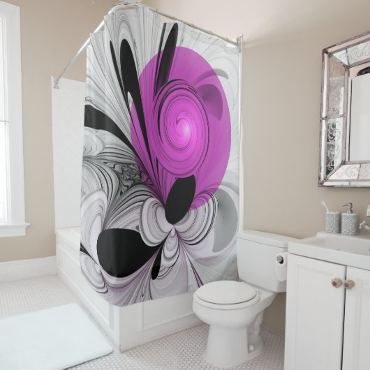 Abstract zwart grijs met magenta fractal art douchegordijn (In situ)