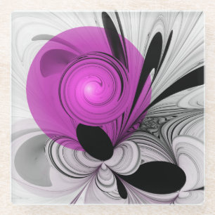 Abstract zwart grijs met magenta fractal art glazen onderzetter