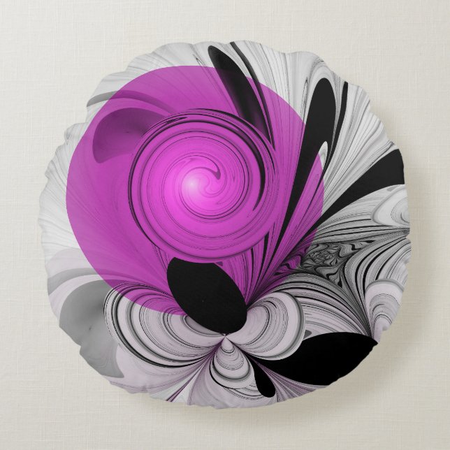 Abstract zwart grijs met magenta fractal art rond kussen (Voorkant)
