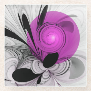 Abstract zwart grijs met magenta fractale kunst glazen onderzetter