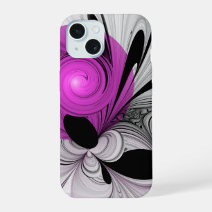 Abstract zwart grijs met magenta fractale kunst iPhone 15 case