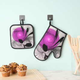 Abstract zwart grijs met magenta fractale kunst ovenwant & pannenlap set