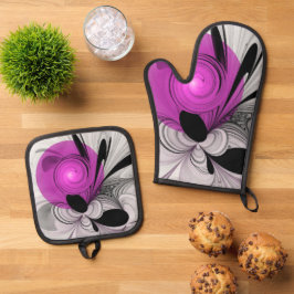 Abstract zwart grijs met magenta fractale kunst ovenwant & pannenlap set