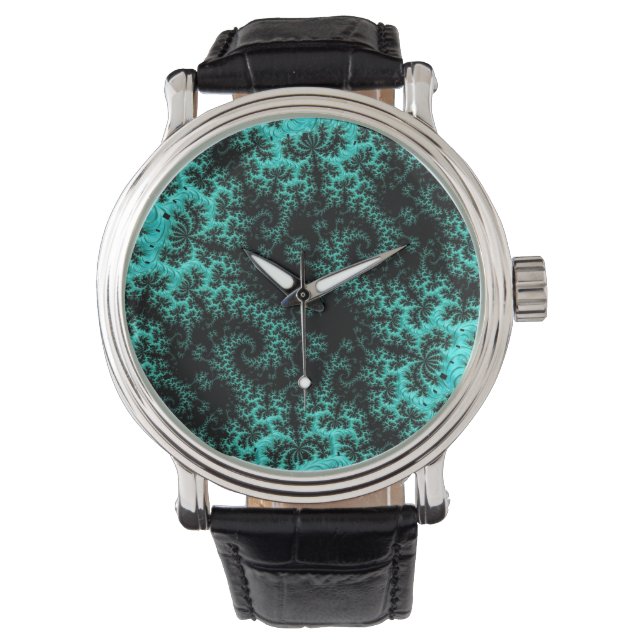 Abstract zwart groen fractaal patroon horloge (Voorkant)