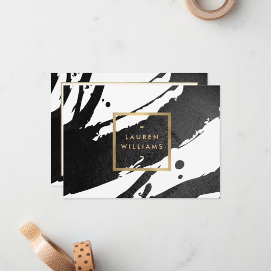 Abstract Zwart Inkt Brushstrokes Cadeaubon Notitiekaartje (Voorkant / Achterkant in situ)