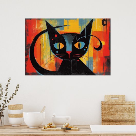 Abstract zwart kattenschilderij poster (Keuken)