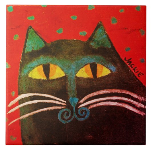 Abstract zwart kattenschilderij tegeltje (Voorkant)
