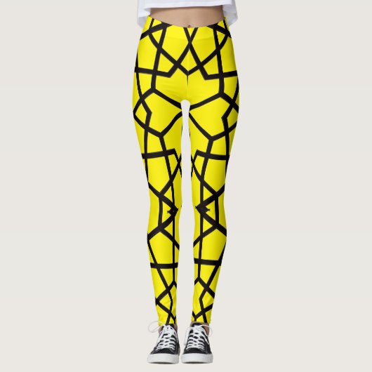 Abstract zwart lijnpatroon op ongerepte geel leggings (Voorkant)