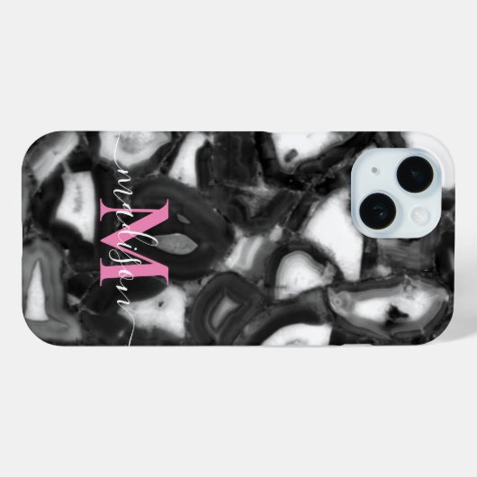 Abstract Zwart Wit Agaat geode monogram script Case-Mate iPhone Case (Achterkant (horizontaal))