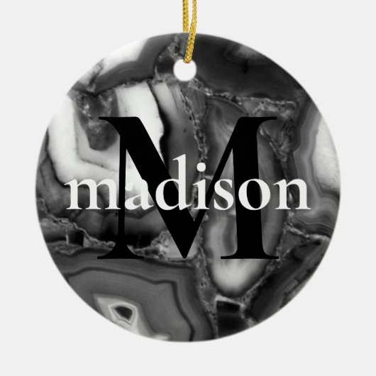 Abstract Zwart Wit Agaat geode monogram script Keramisch Ornament (Voorkant)