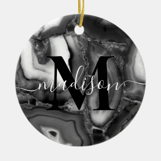 Abstract Zwart Wit Agaat geode monogram script Keramisch Ornament (Voorkant)