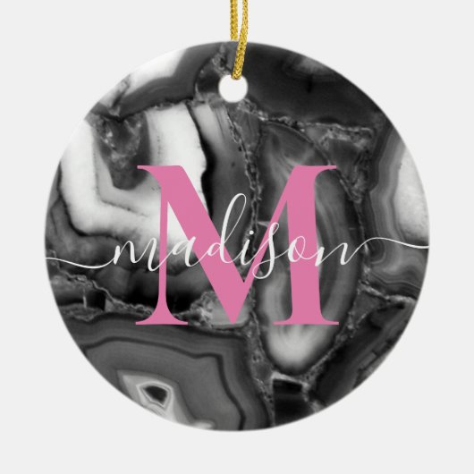 Abstract Zwart Wit Agaat geode monogram script Keramisch Ornament (Voorkant)