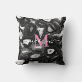 Abstract Zwart Wit Agaat geode monogram script Kussen