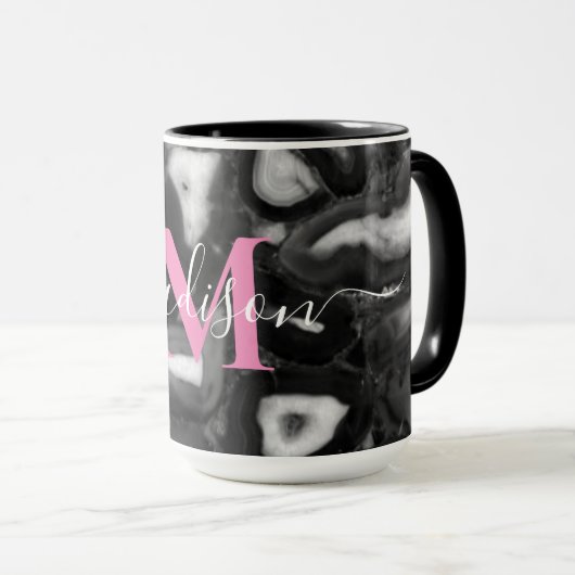 Abstract Zwart Wit Agaat geode monogram script Mok (Voorkant rechts)