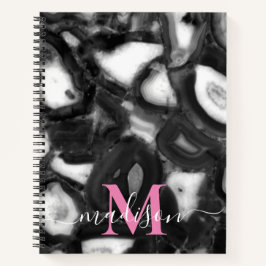 Abstract Zwart Wit Agaat geode monogram script Notitieboek