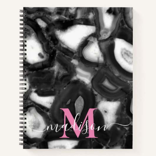 Abstract Zwart Wit Agaat geode monogram script Notitieboek (Voorkant)