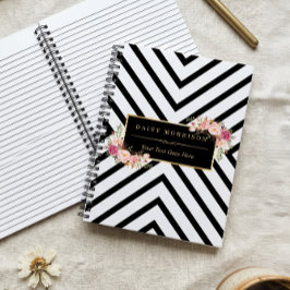 Abstract zwart-wit gestreept en bloemmotief gouden notitieboek